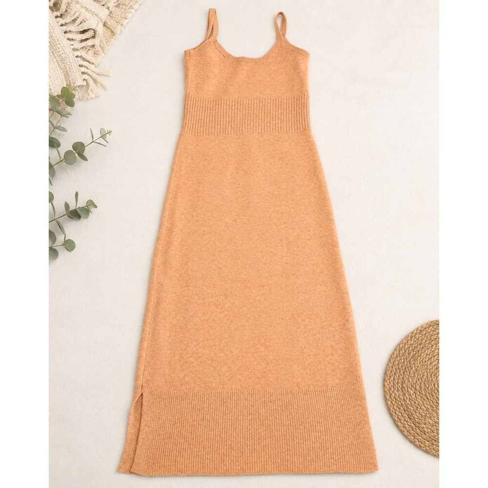 Express Brown Knit Long Sweater Dress Spaghetti Strap Size S Ribbed Stretch